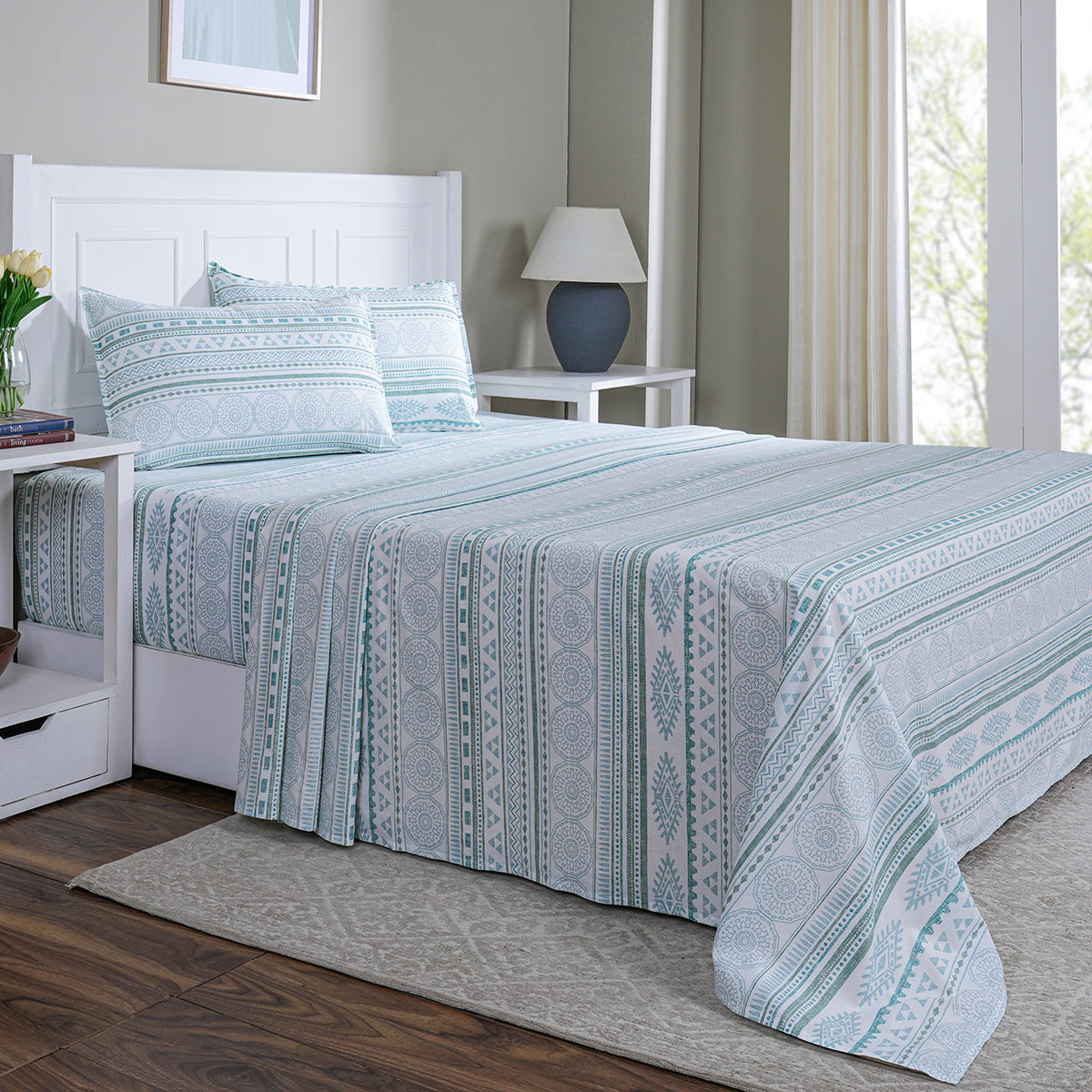 Hermosa Sensory Bloom Lennon 100% Cotton Printed Bed Sheet with Pillow Case Blue