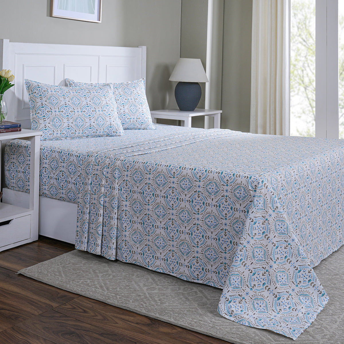 Hermosa Sensory Bloom Gareth 100% Cotton Printed Bed Sheet with Pillow Case Blue