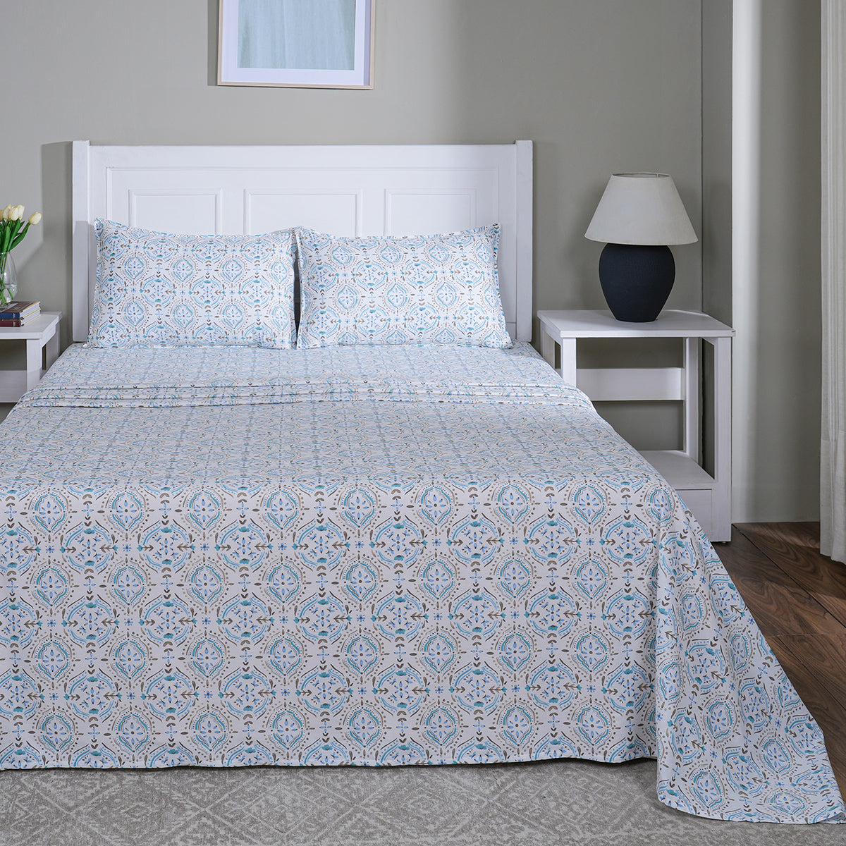 Hermosa Sensory Bloom Gareth 100% Cotton Printed Bed Sheet with Pillow Case Blue