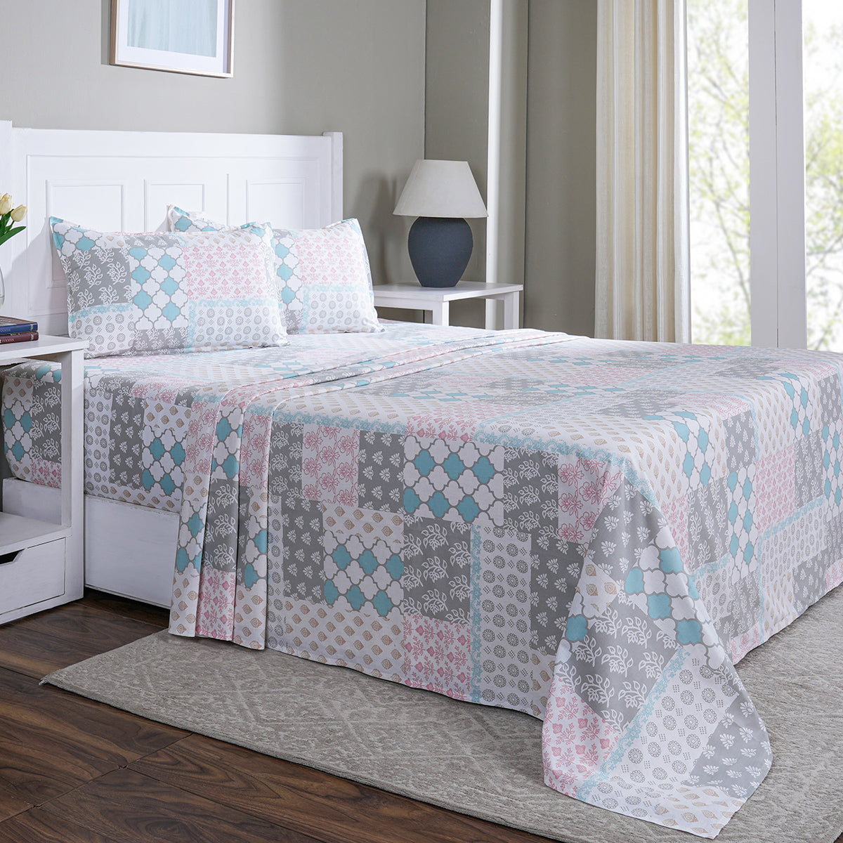 Hermosa Sensory Bloom Jude 100% Cotton Printed Bed Sheet with Pillow Case Blue