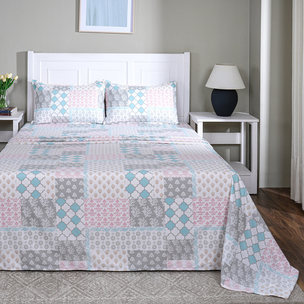 Hermosa Sensory Bloom Jude 100% Cotton Printed Bed Sheet with Pillow Case Blue