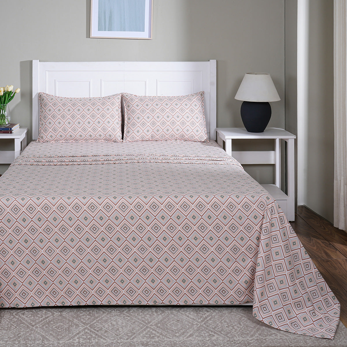 Hermosa Sensory Bloom  100% Cotton Printed Bed Sheet with Pillow Case Peach