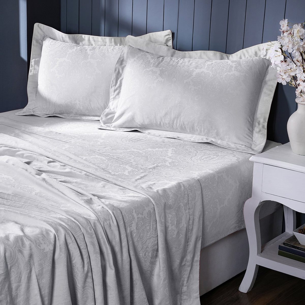 Evander Self Jacquard White Bed Sheet with Pillow Case