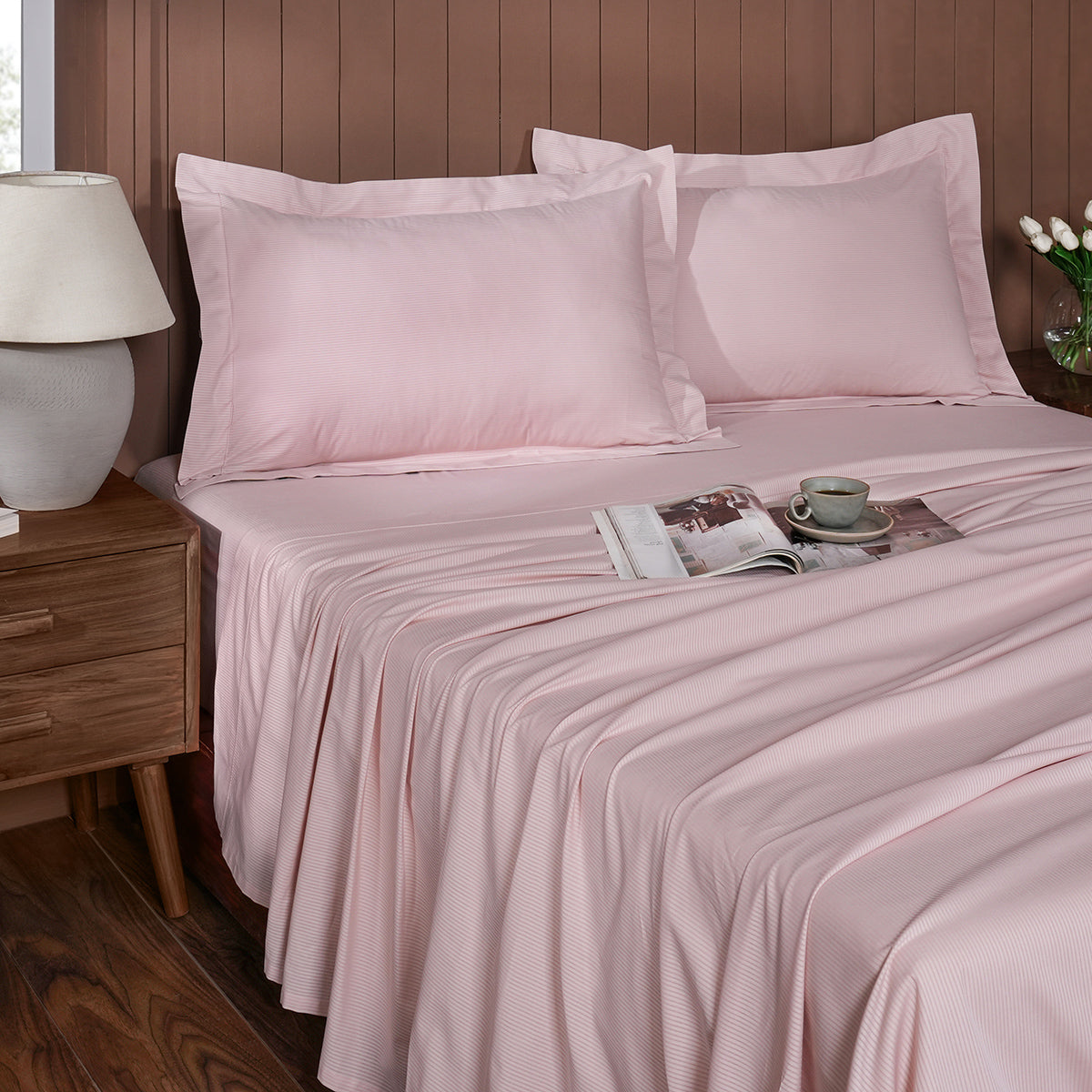 Aurelius Self Jacquard 100% Cotton Pink Bed Sheet with Pillow Case