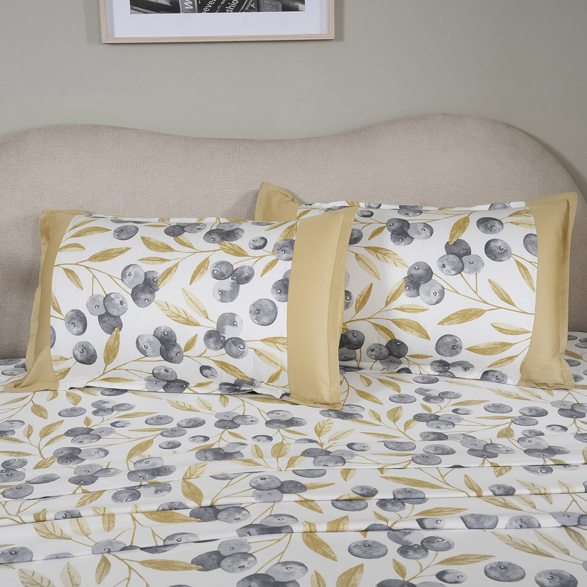 Sensory Bloom Myrtille 100% Cotton Mustard Bed Sheet with Pillow Case