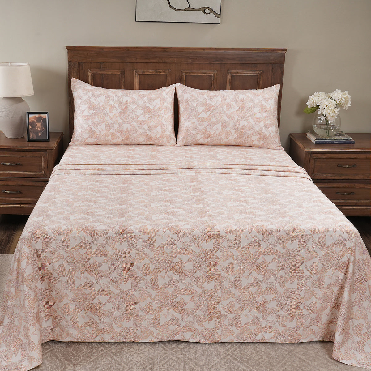 Eclectic Geo Triangle Digital Print 100% Cotton Rust Bed Sheet with Pillow Case