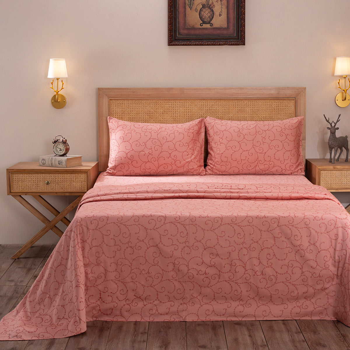 Exotic Heritage Leafy Swirl 100%Cotton Red Printed Bed Sheet Set