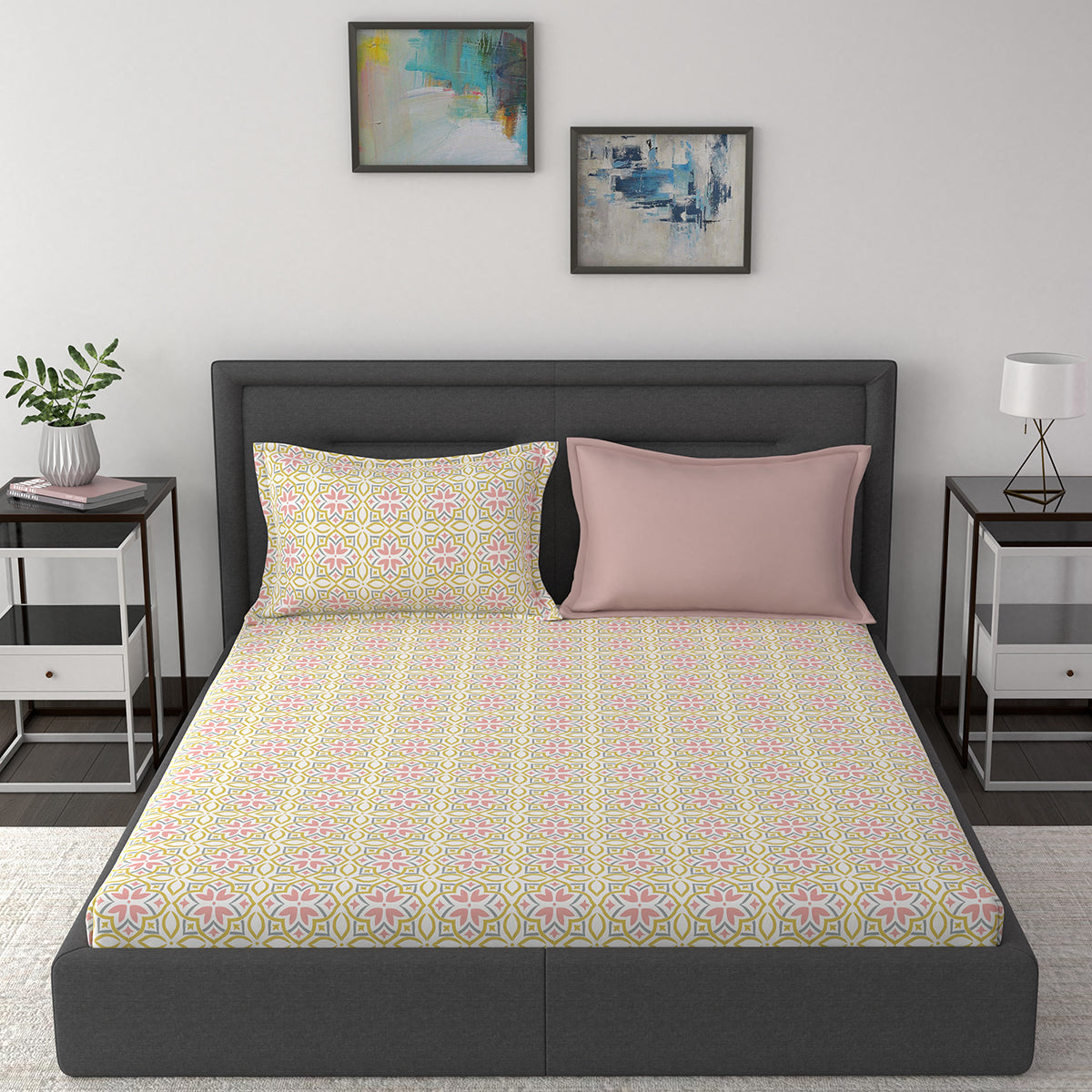 Modern Sanctuary Azur Printed 200 TC 100% Cotton Orange Bed Sheet with Pillow Case