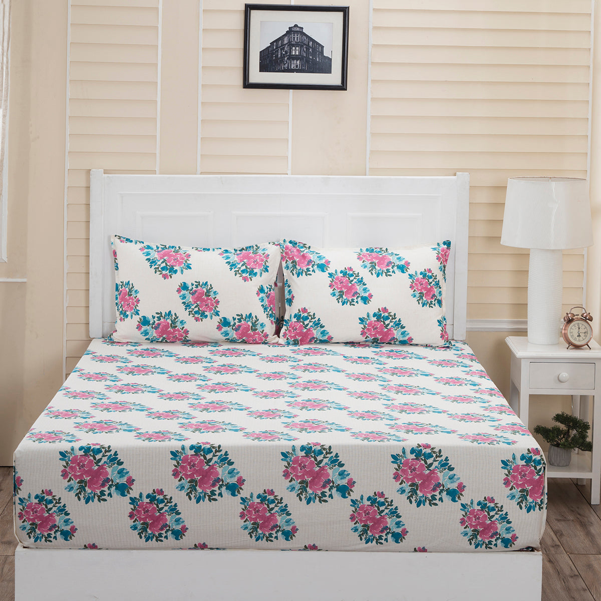 Donatella Carin Printed 144 TC 100% Cotton Pink Bed Sheet with Pillow Case