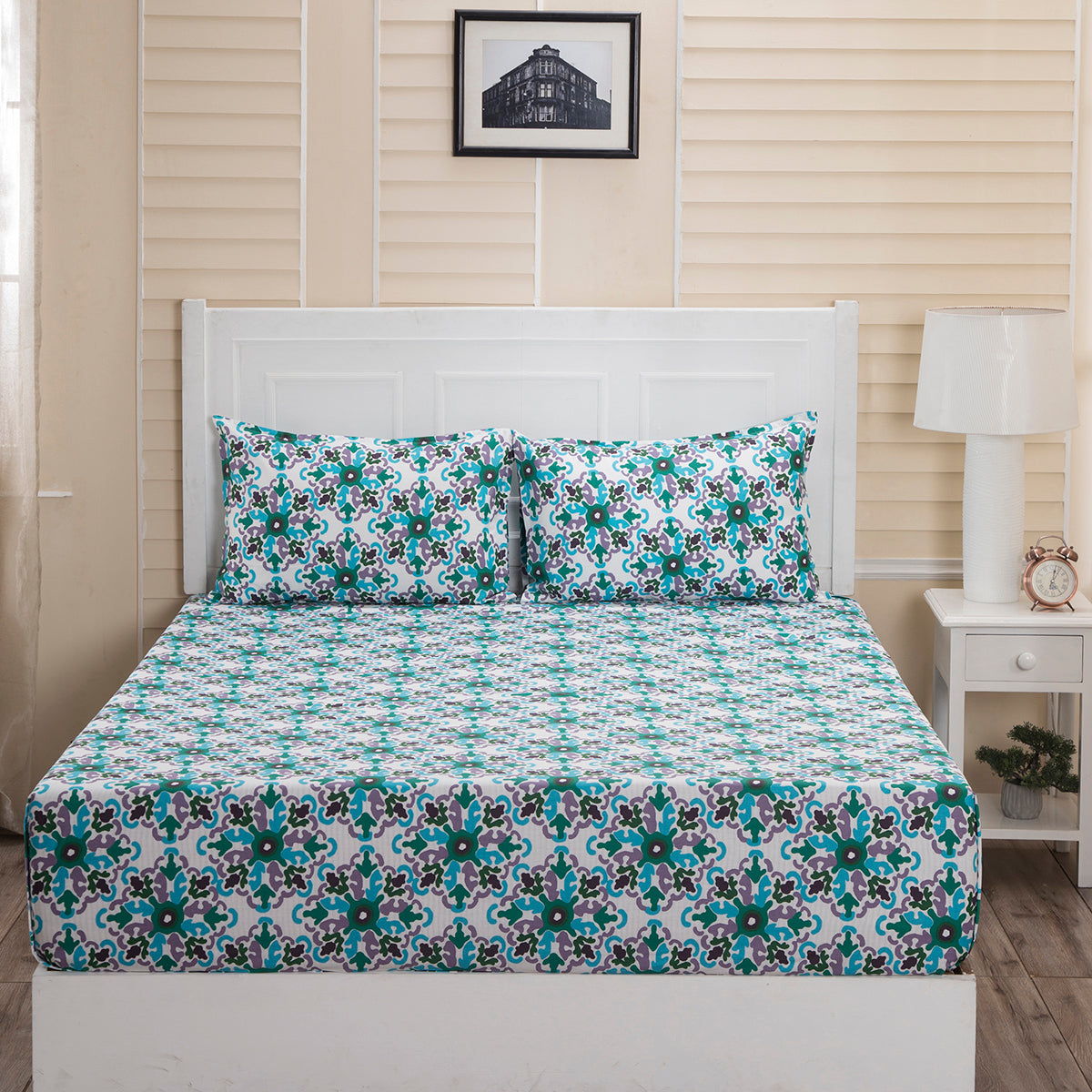 Donatella Cadence Printed 144TC 100% Cotton Blue Bed Sheet with Pillow Case