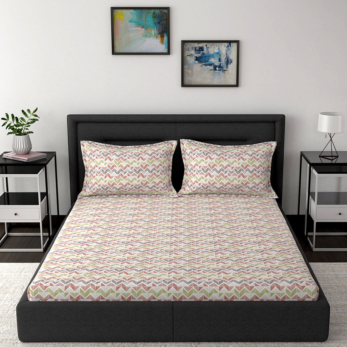Modern Sanctuary Estella Printed 200 TC 100% Cotton Red Bed Sheet with Pillow Case
