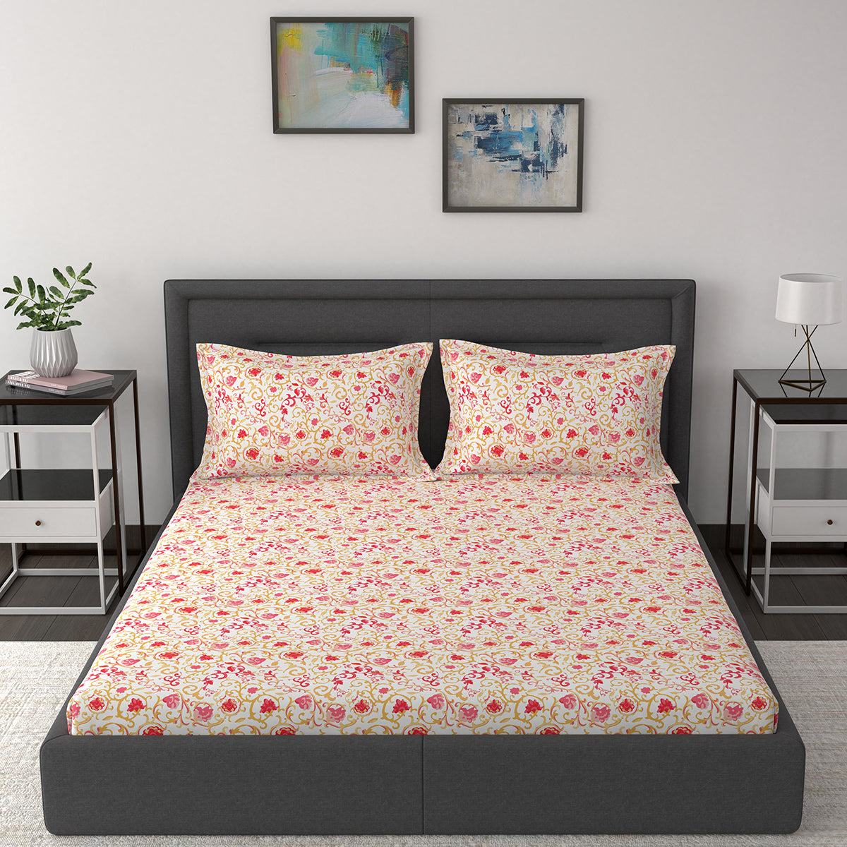 Modern Sanctuary Ethnic Scroll Printed 200 TC 100% Cotton Red Bed Sheet with Pillow Case