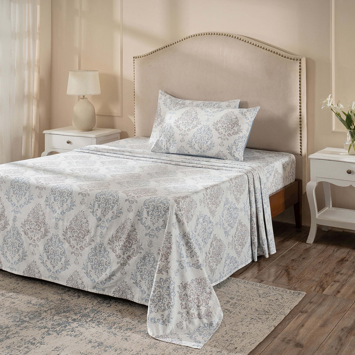 PBS Timeless Ornare 100% Cotton Bed Sheet with Pillow Case Dusty Blue