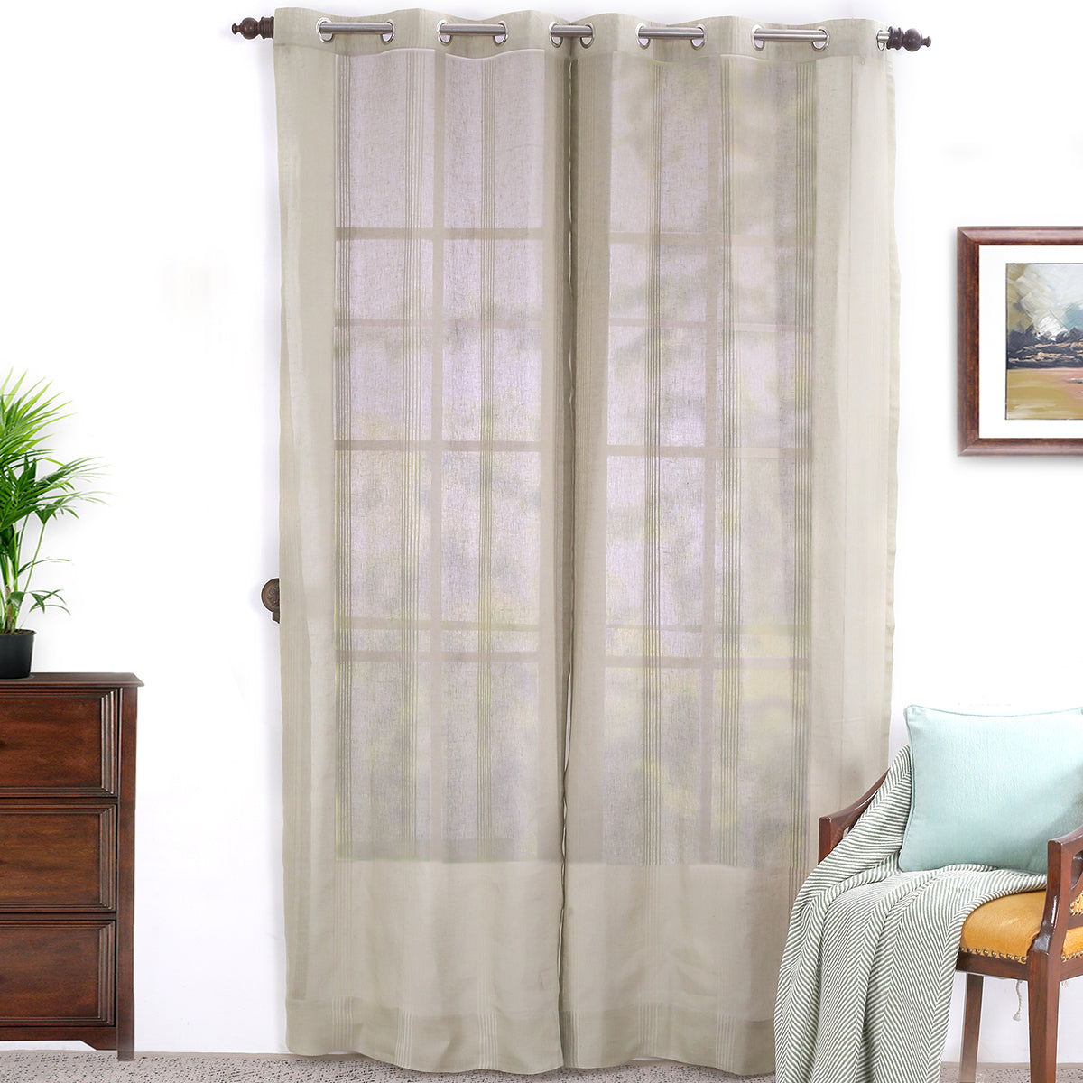 Cannabis Stripe Solid 2PC Beige Curtain Set