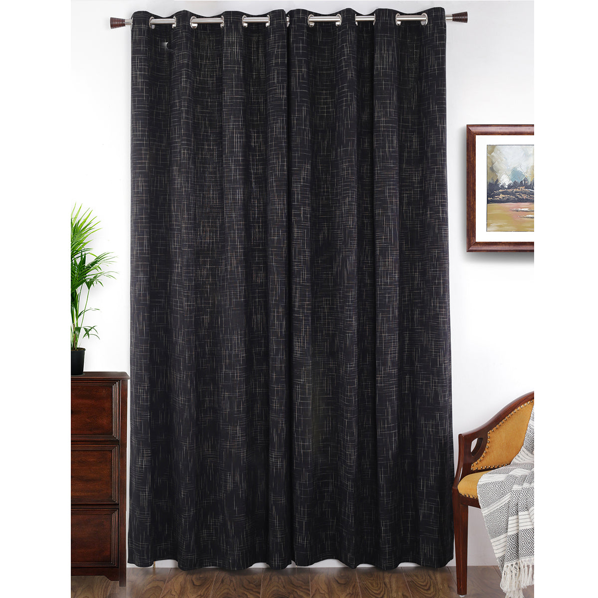 Batik Slub Woven Yard Dyed Black Curtain Set