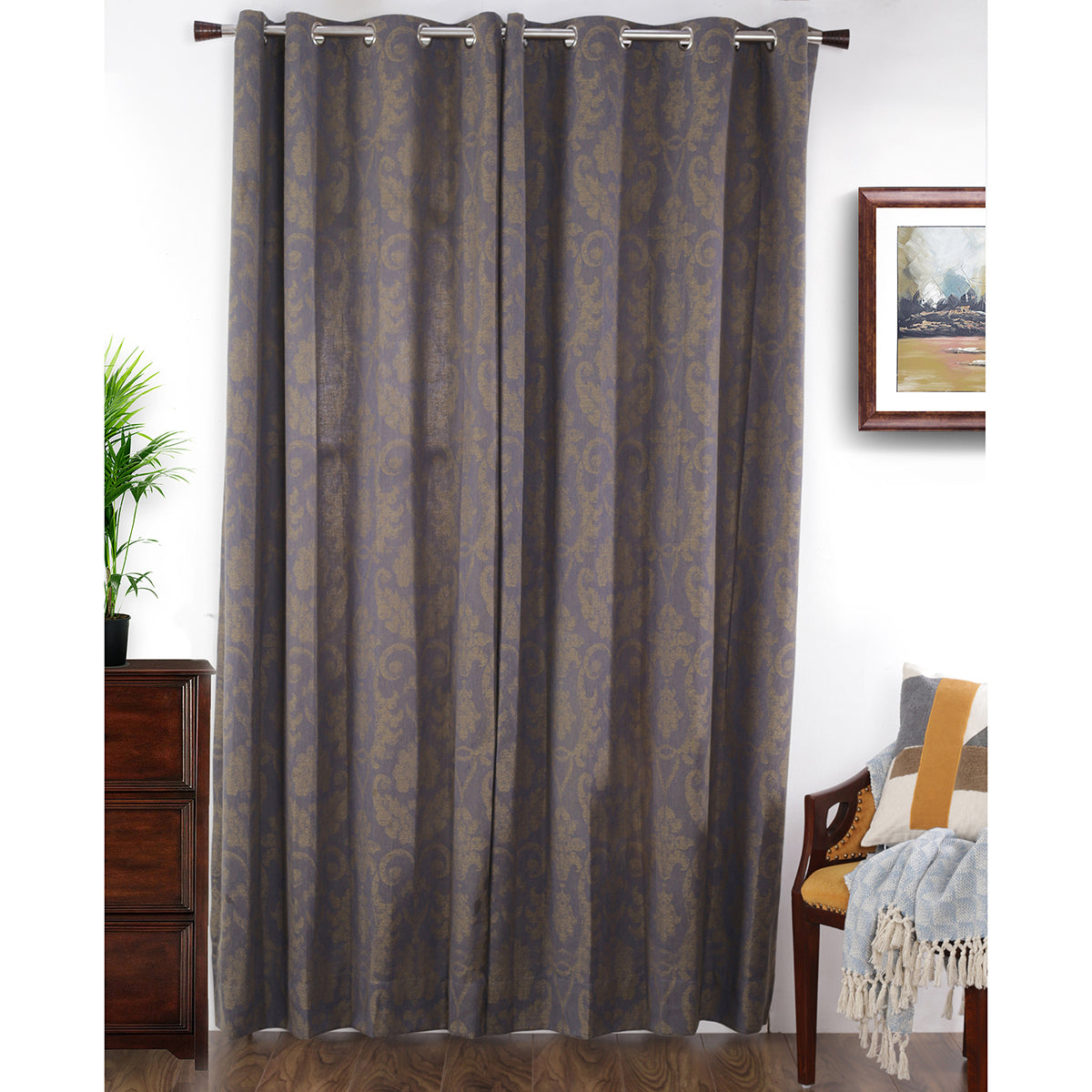 Spotted Damask Jacquard Blue Curtain Set
