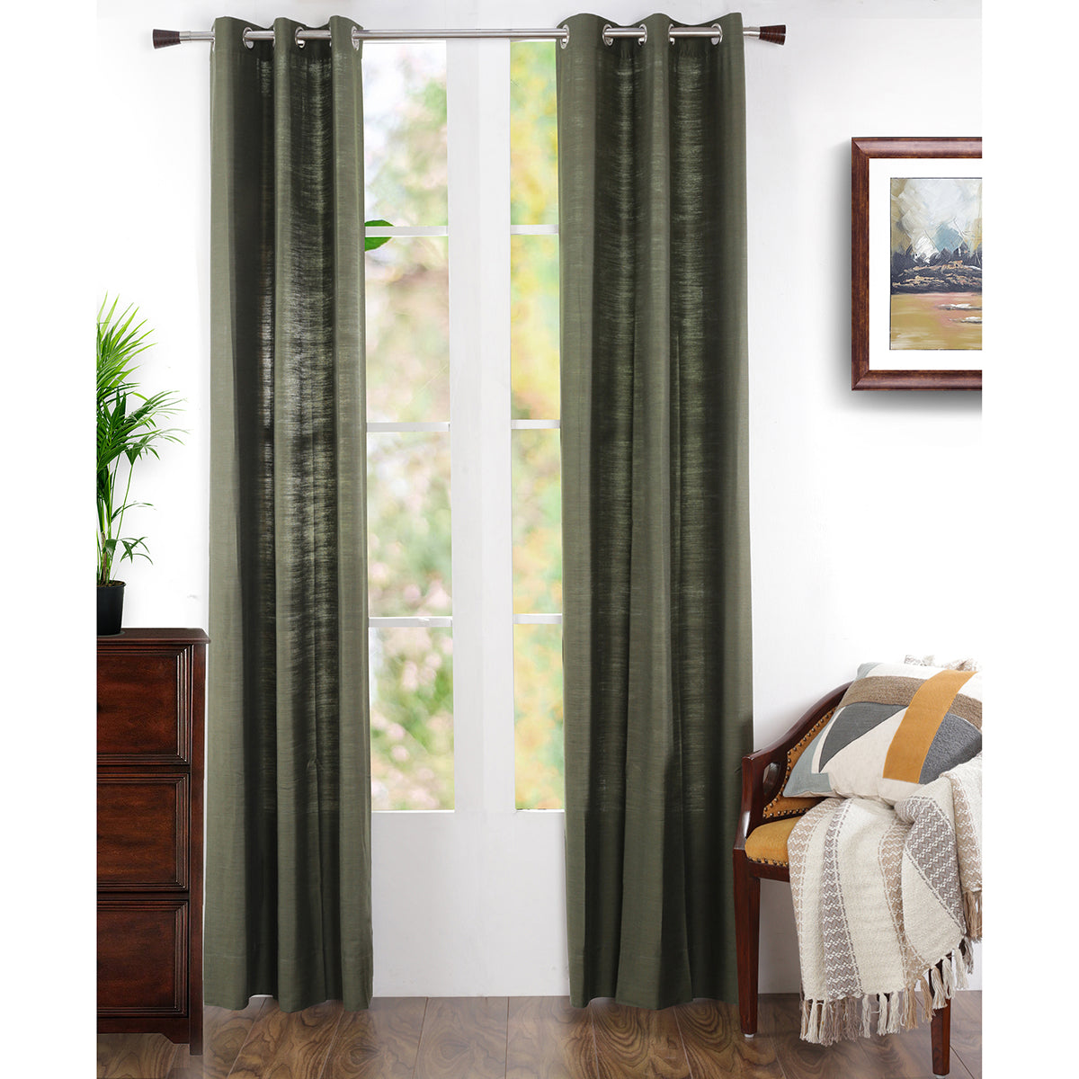 Tussah Silk Solid 2PC Green Curtain Set