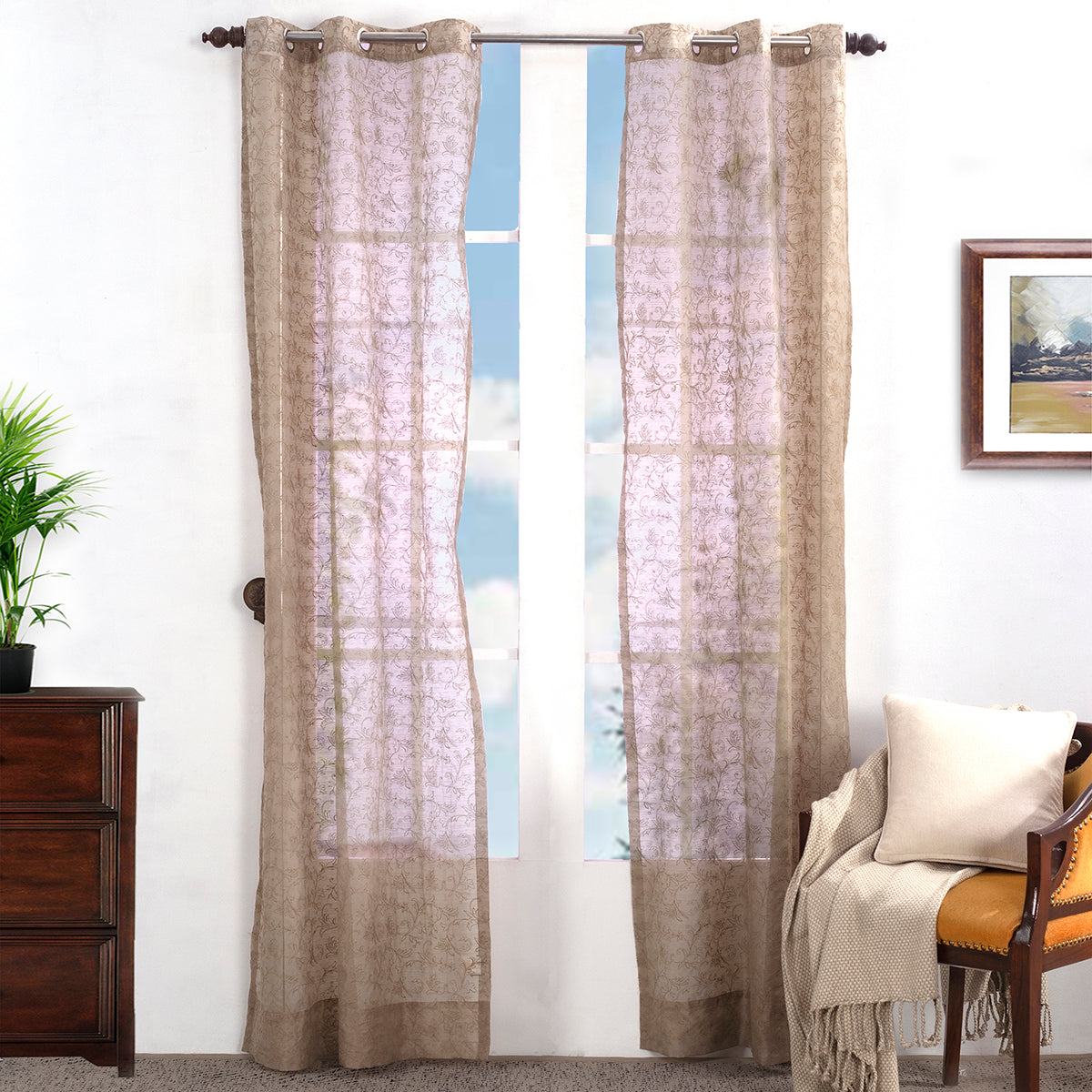 Chintz Leaves Embroidered 2PC Beige Curtain Set