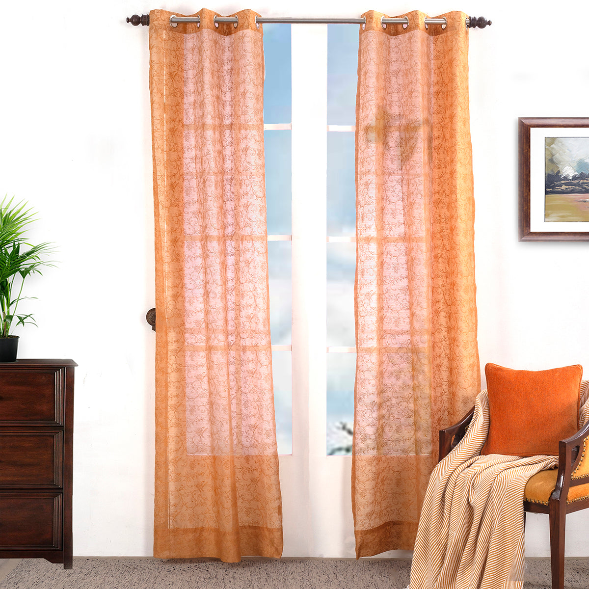 Chintz Leaves Embroidered 2PC Orange Curtain Set