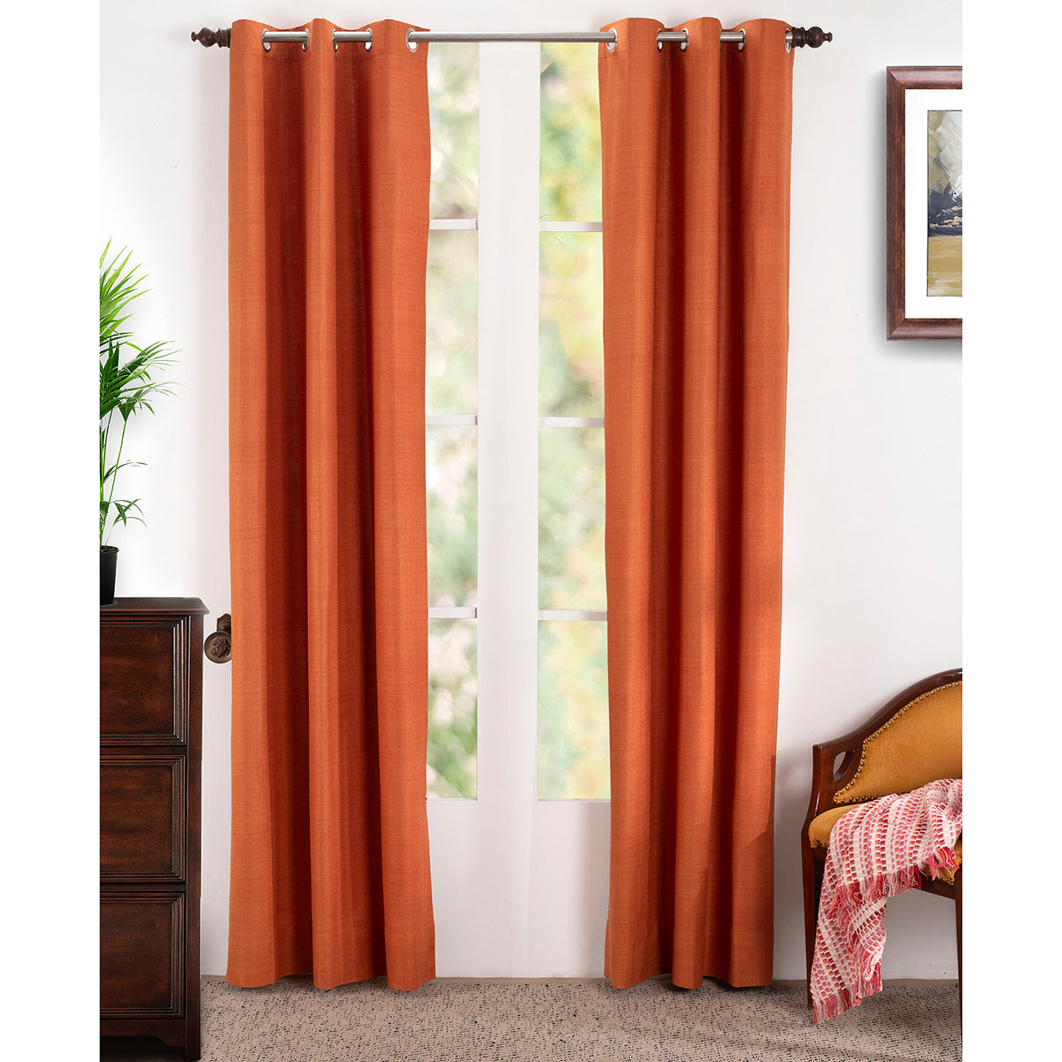 Marly Matt Textured 2PC Orange Curtain Set