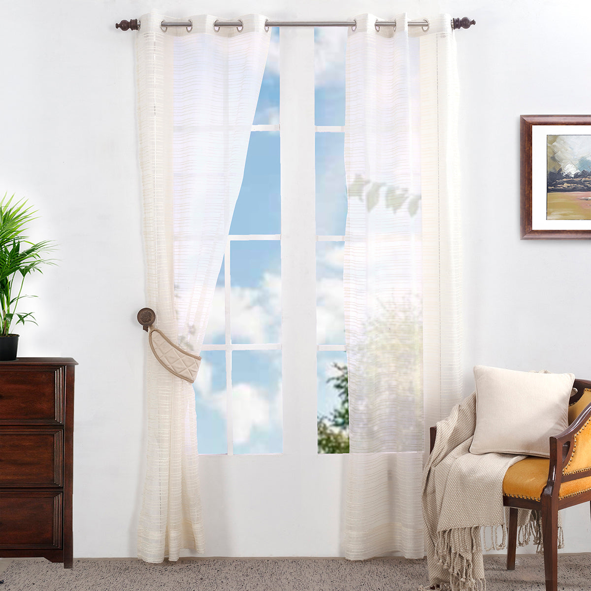 Furry Line Solid 2PC Beige Curtain Set
