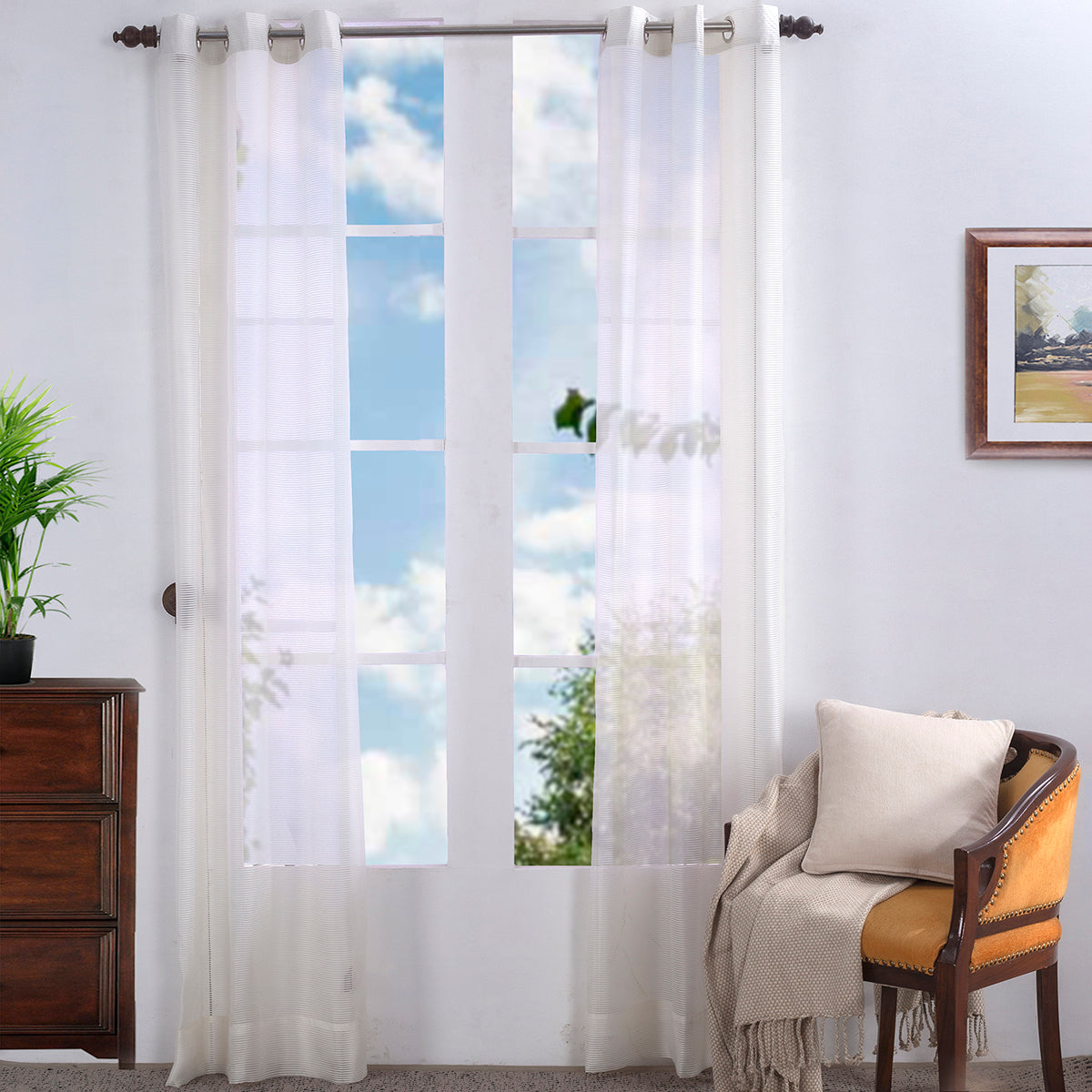 Sight Stripe Solid 2PC Beige Curtain Set