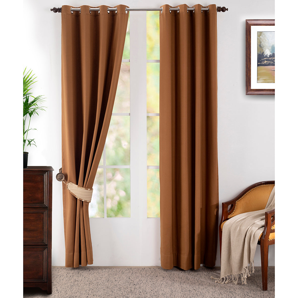 Ladder Stripe Solid 2PC Gold Curtain Set