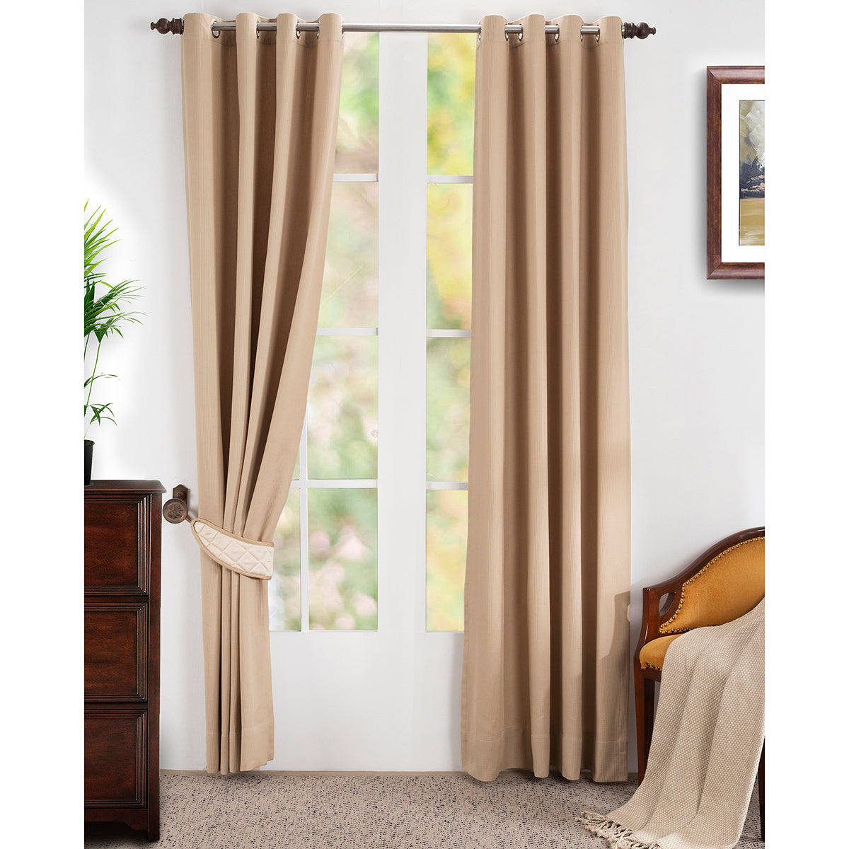 Ladder Stripe Solid 2PC Beige Curtain Set