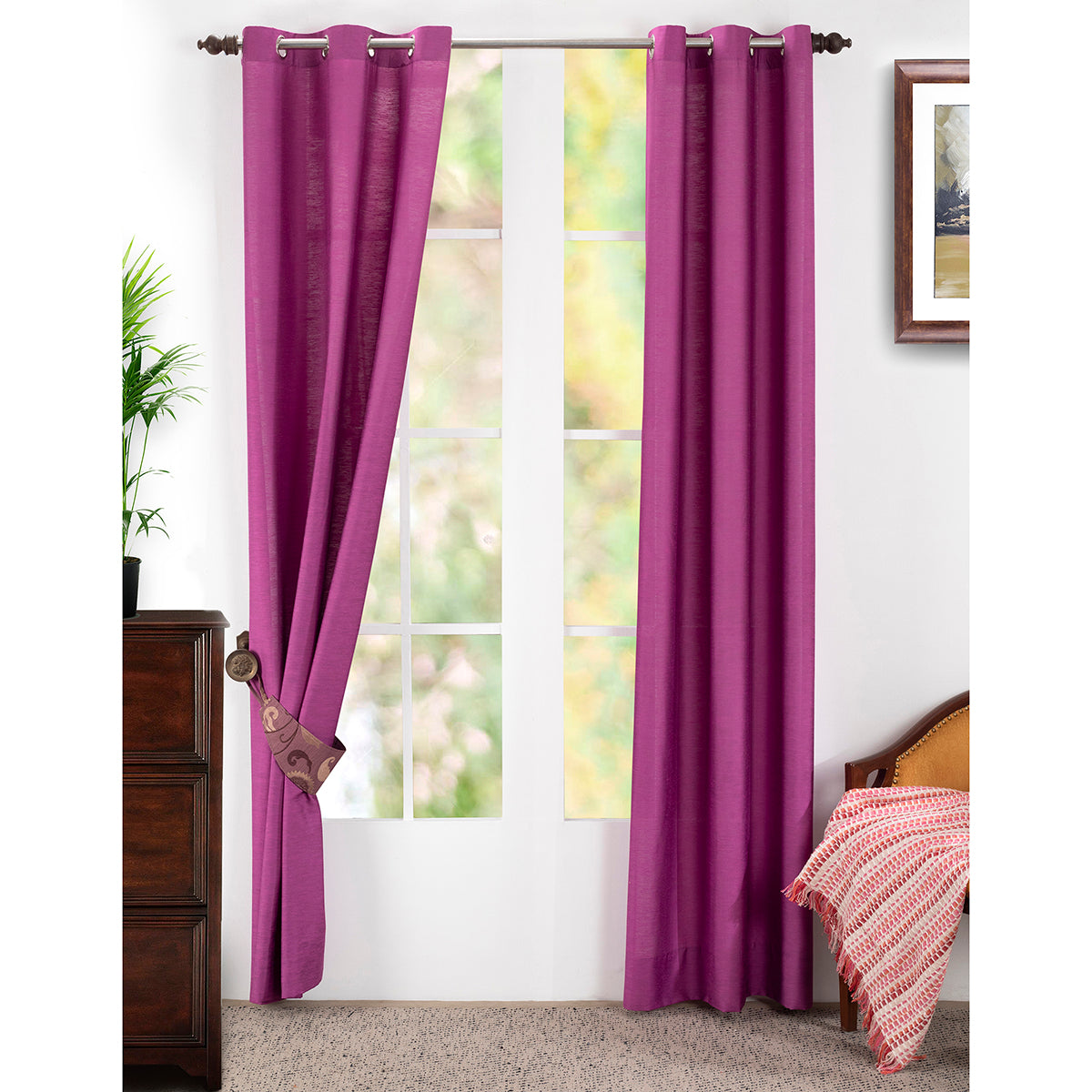Silky Sillion Solid 2PC Purple Curtain Set