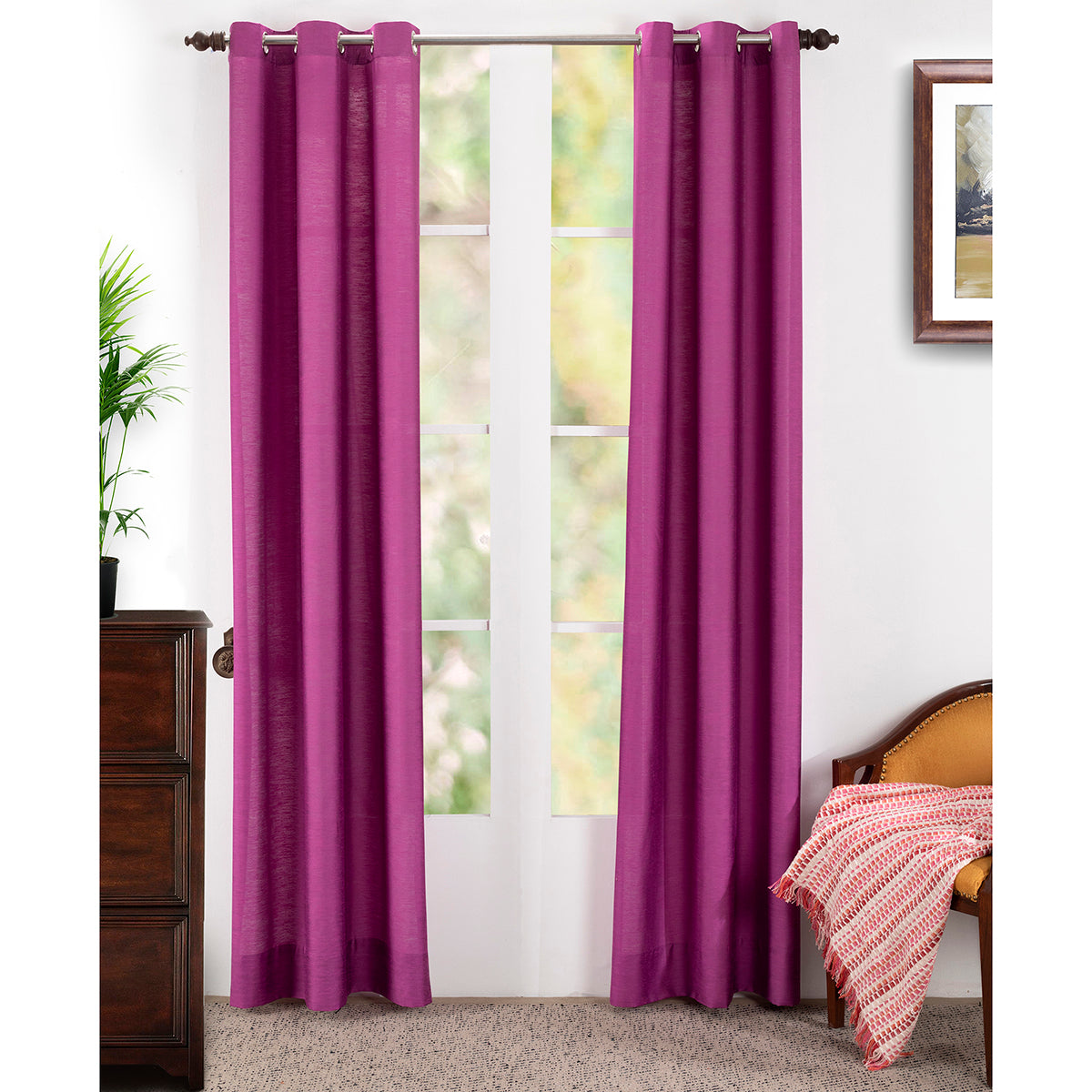 Silky Sillion Solid 2PC Purple Curtain Set