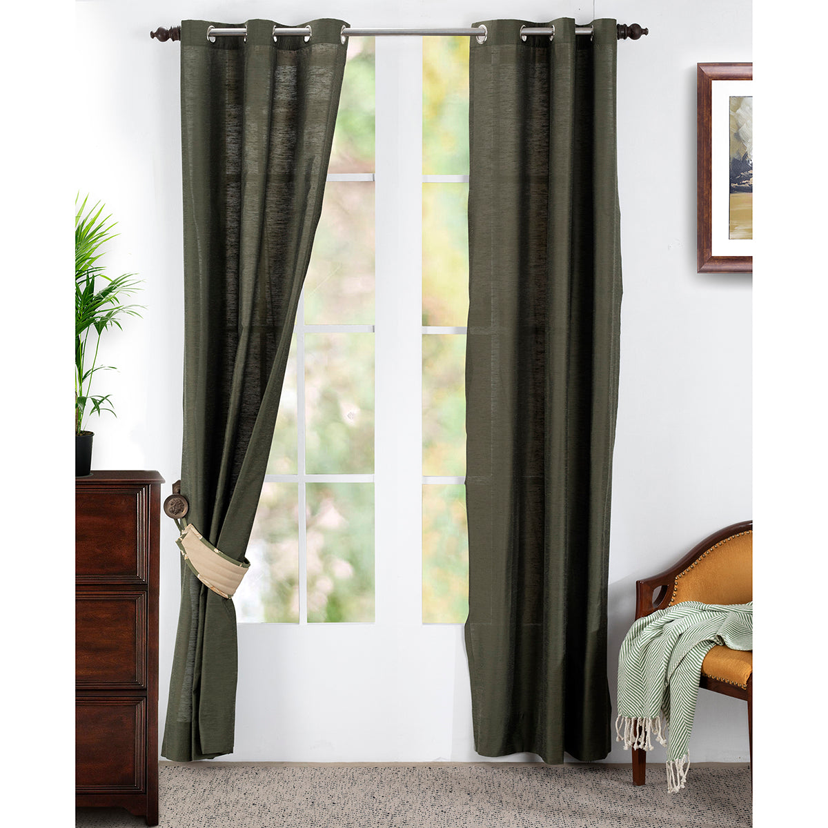 Silky Sillion Solid 2PC Green Curtain Set