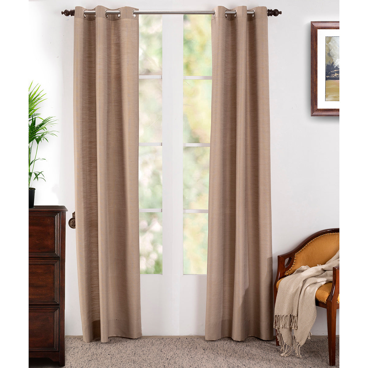 Silky Sillion Solid 2PC Beige Curtain Set