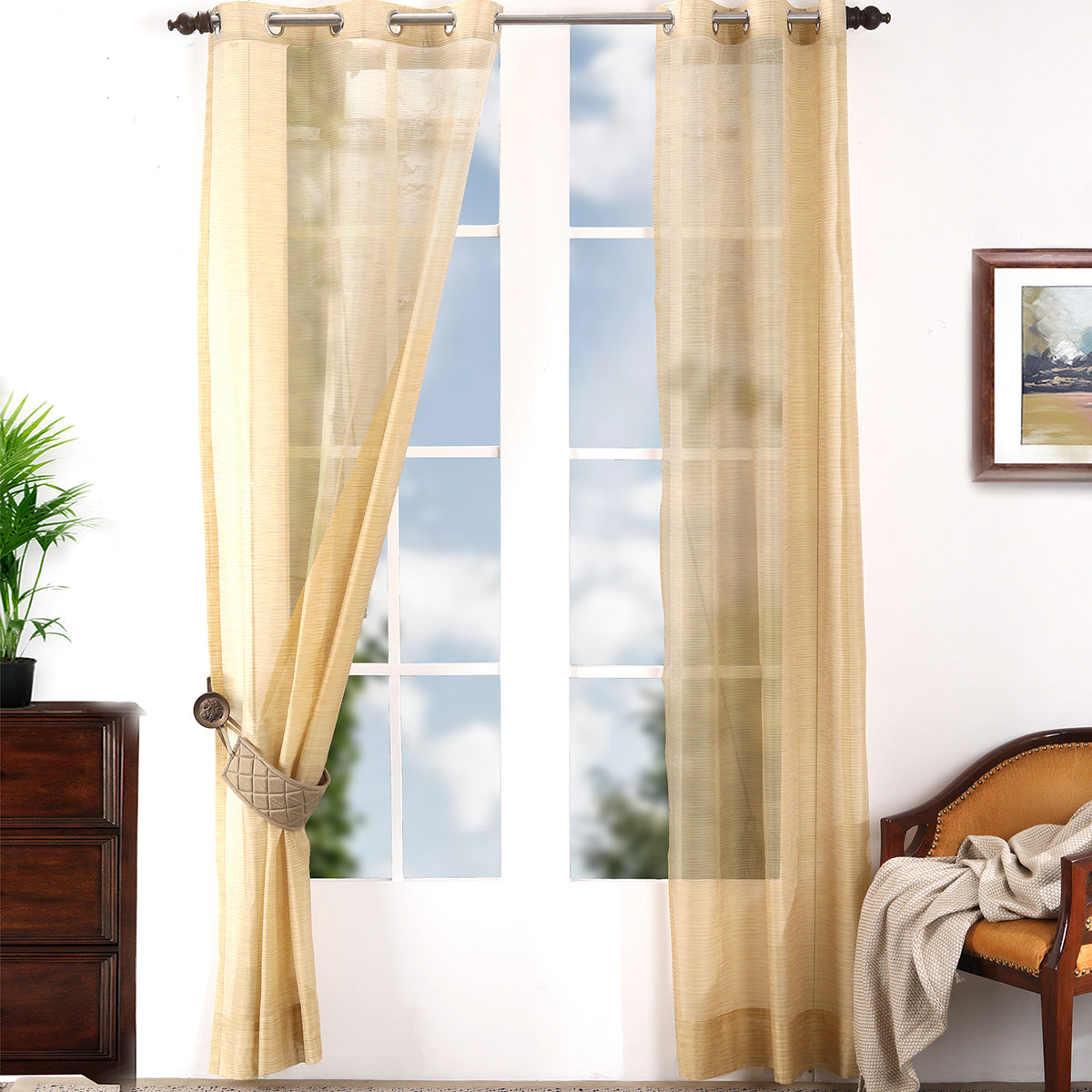Tidy Silk Solid 2PC Beige Curtain Set