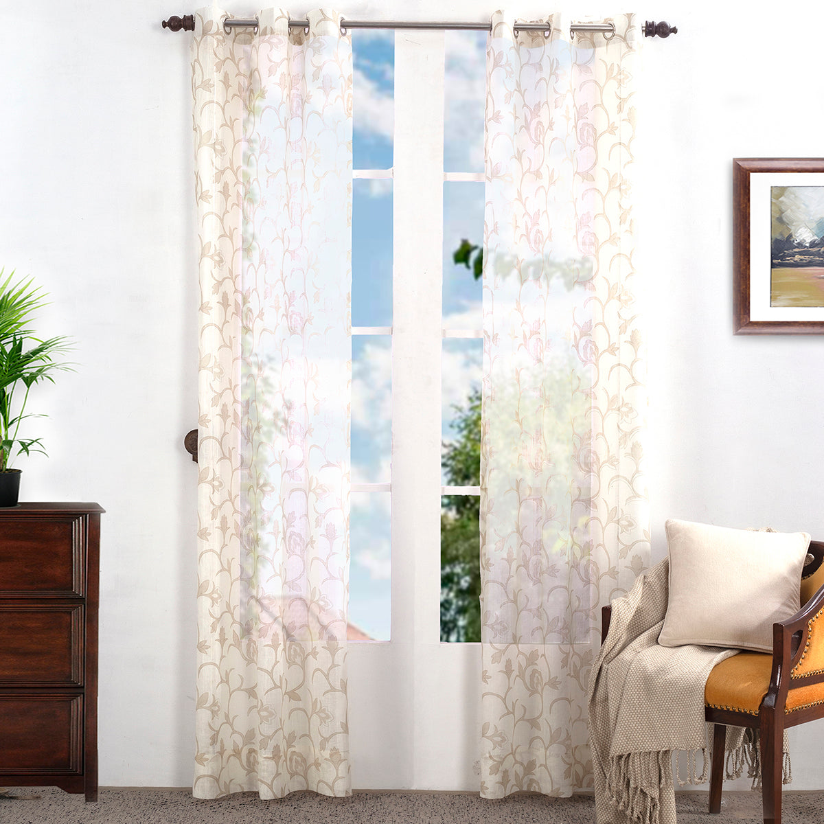 Sicilian Stripe Solid 2PC Beige Curtain Set