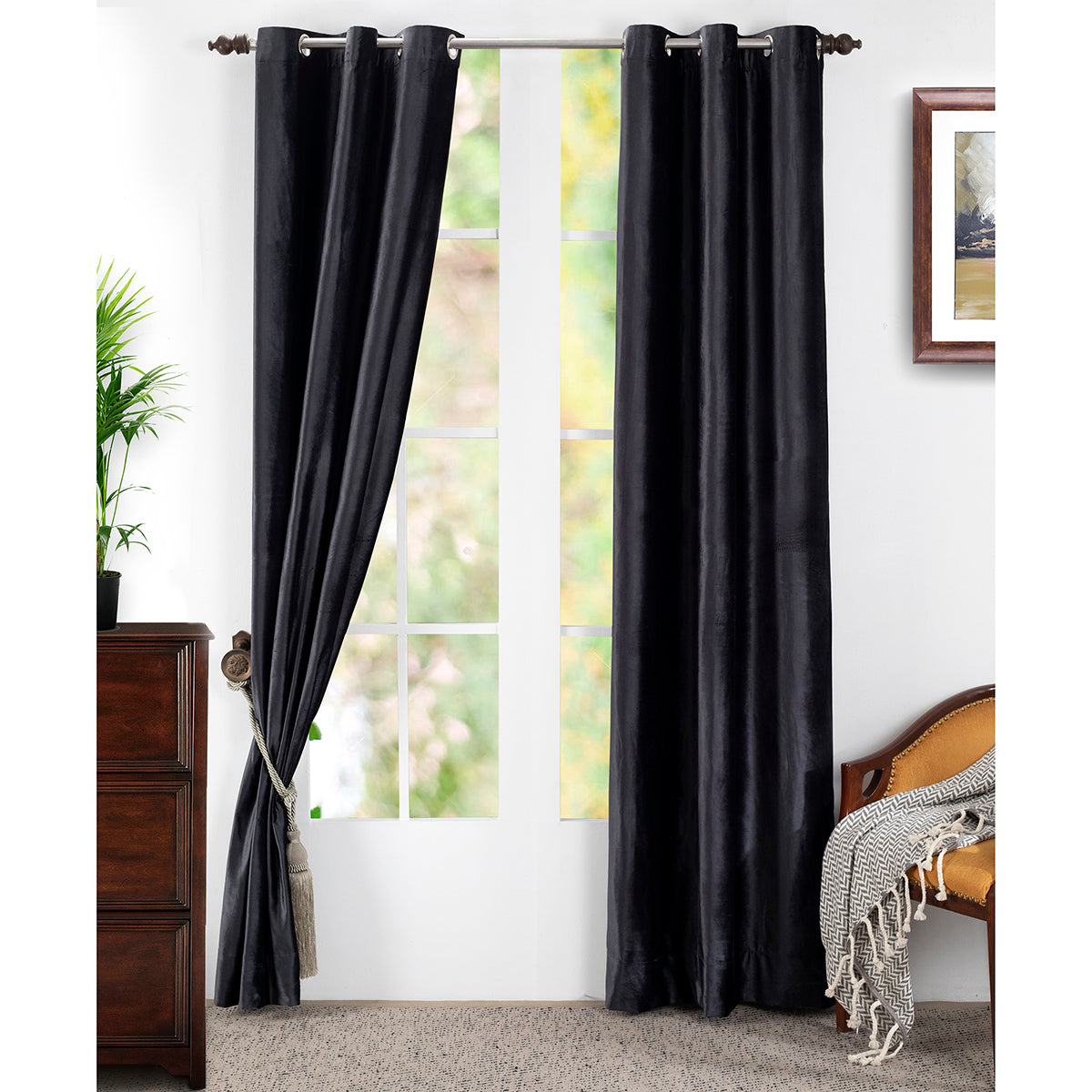 Deco Velvet Solid 2PC Black Curtain Set