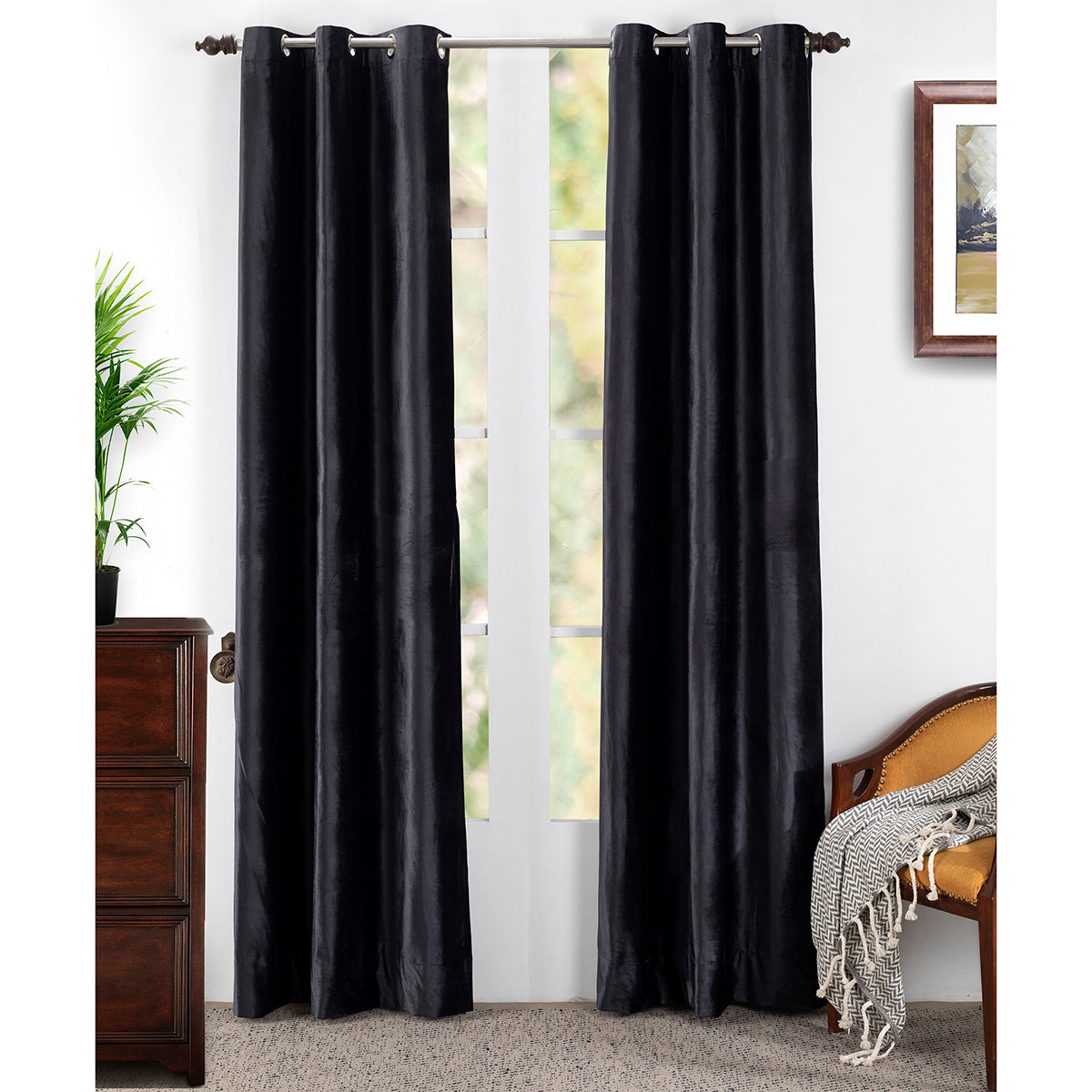 Deco Velvet Solid 2PC Black Curtain Set