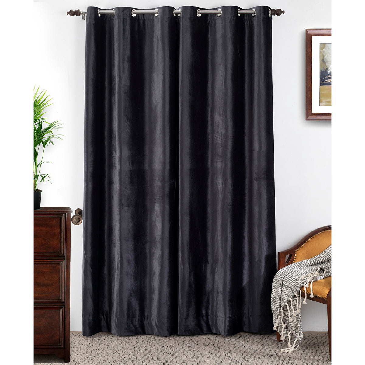 Deco Velvet Solid 2PC Black Curtain Set