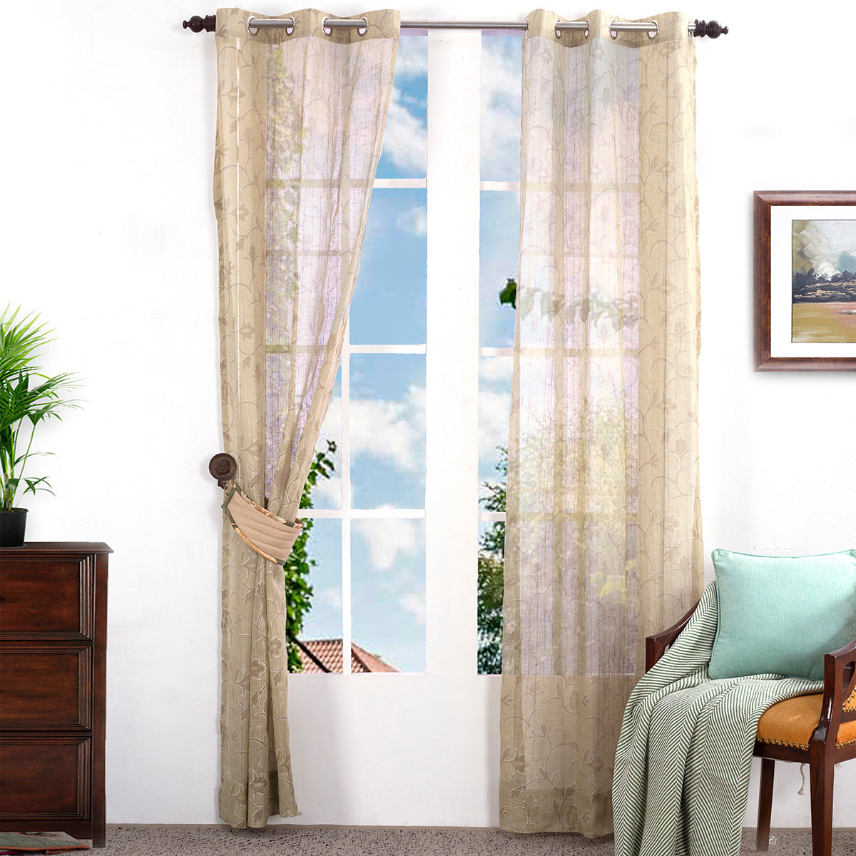 Sicilian Stripe Solid 2PC Beige Curtain Set