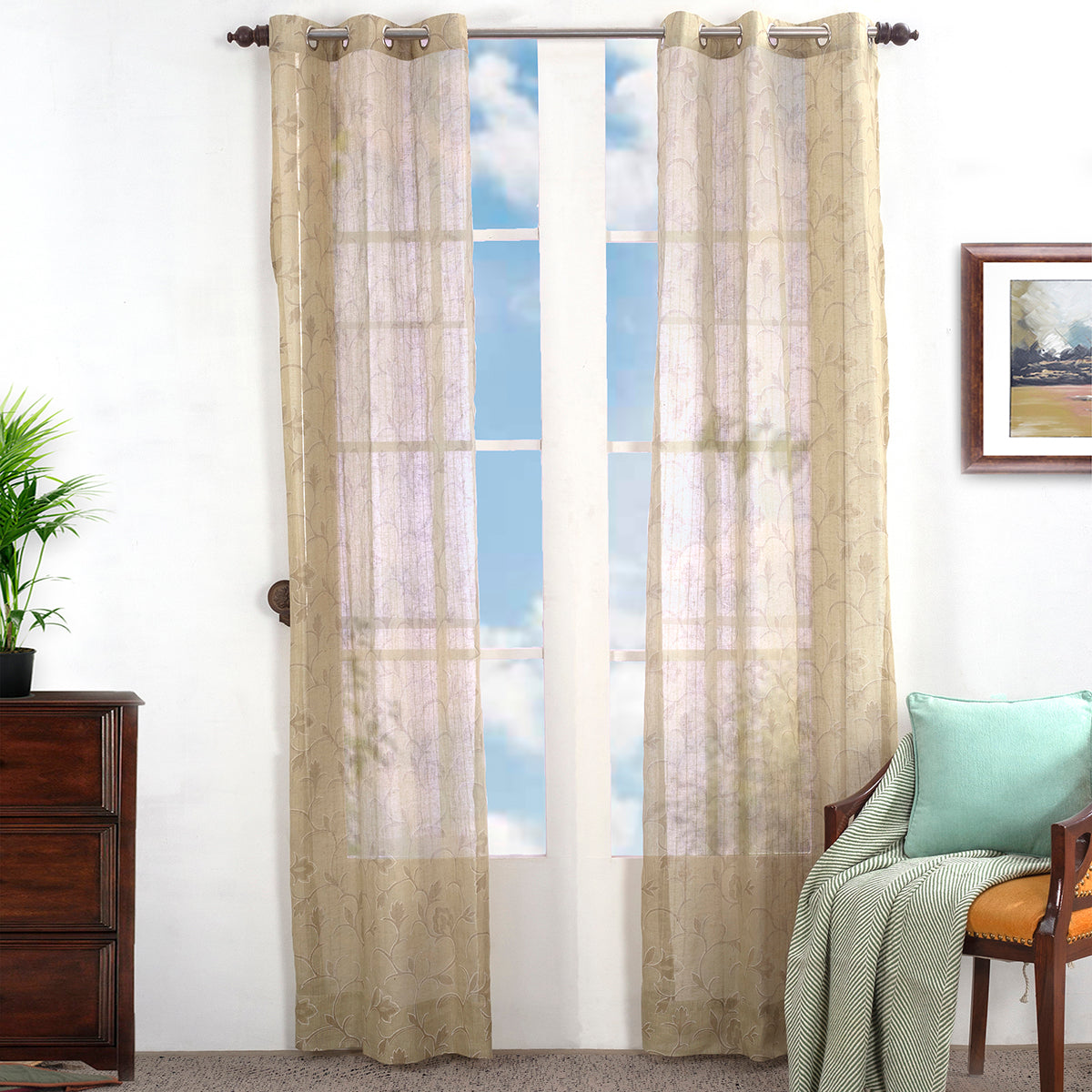 Sicilian Stripe Solid 2PC Beige Curtain Set