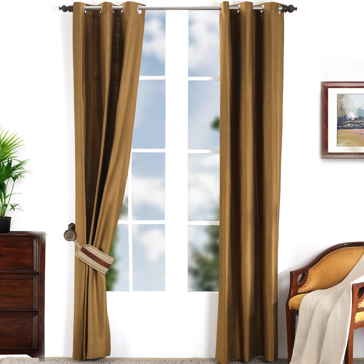 Tussah Silk Solid 2PC Gold Curtain Set