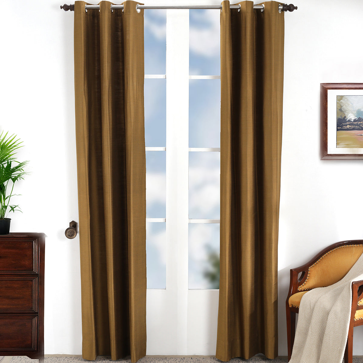 Tussah Silk Solid 2PC Gold Curtain Set