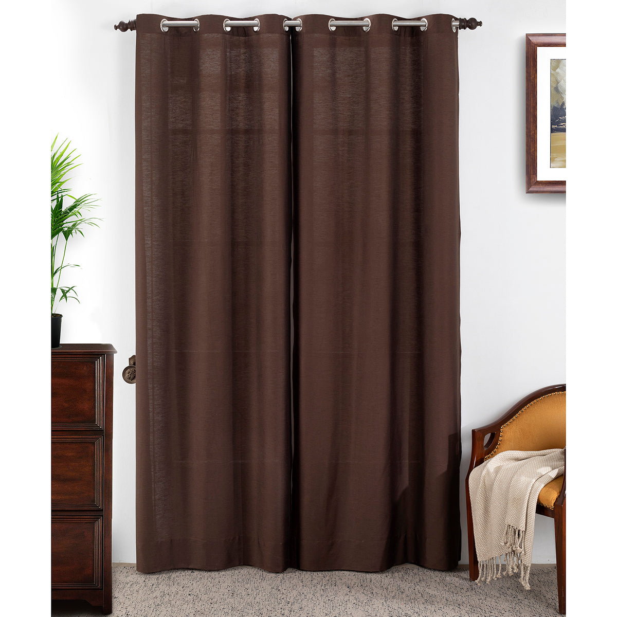 Tussah Silk Solid 2PC Brown Curtain Set