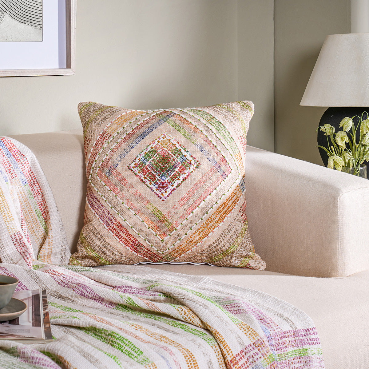 Eclectic Geo Rhombus Woven/Digital Print 100% Cotton Beige Cushion Cover