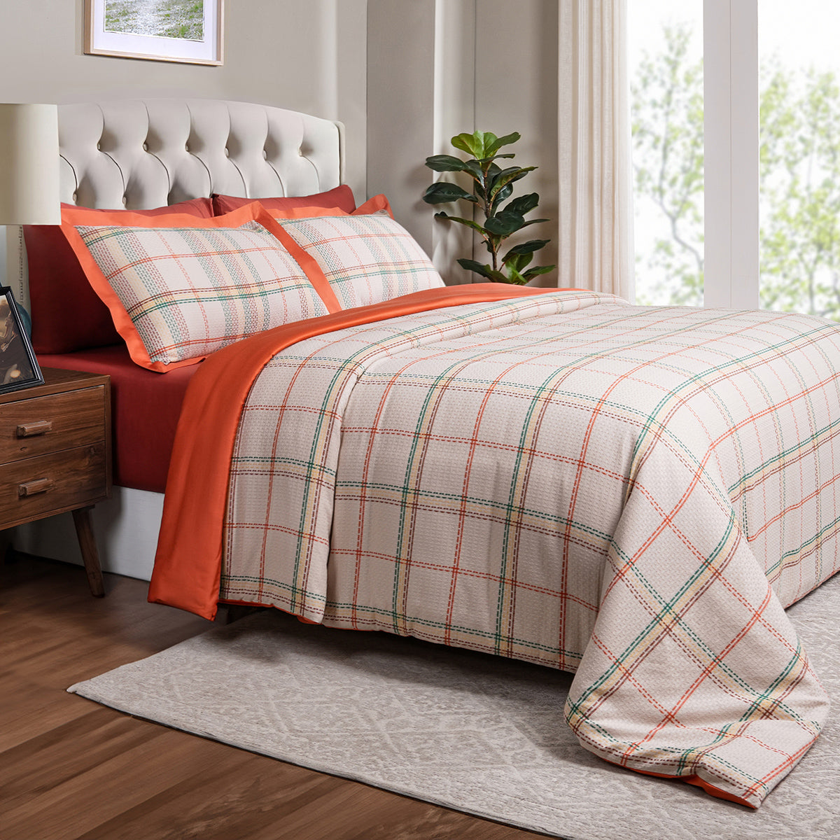 Eclectic Geo Mosaic Plaid Woven 100% Cotton Rust Duvet Cover with Pillow Case