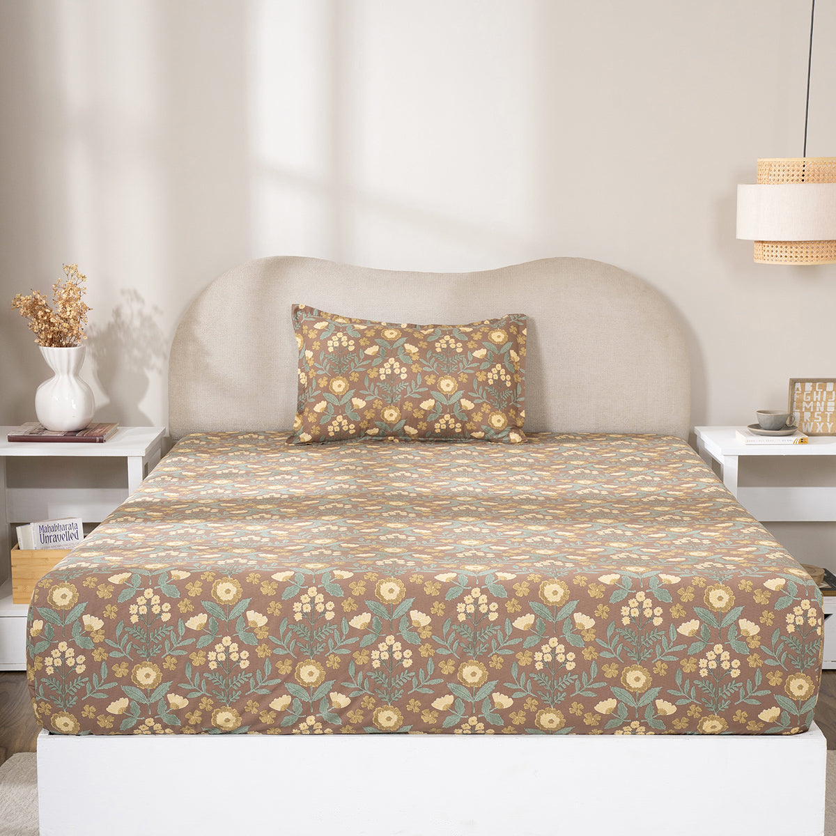 Fitted Sheet with Pillow Case 100% Cotton Verdant Heritage Garden Rustic Brown