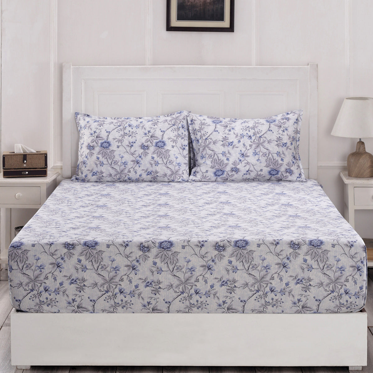 Florescence Juniper Print Blue Fitted Sheet With Pillow Covers