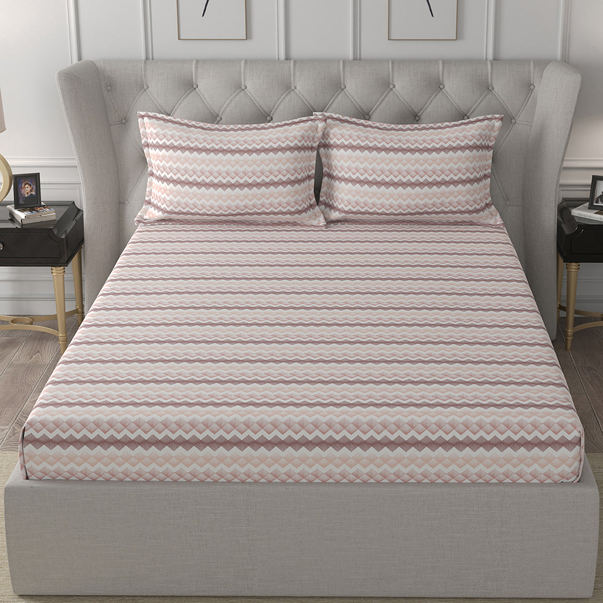Florescence Livia Print Pink Fitted Sheet With Pillow Covers