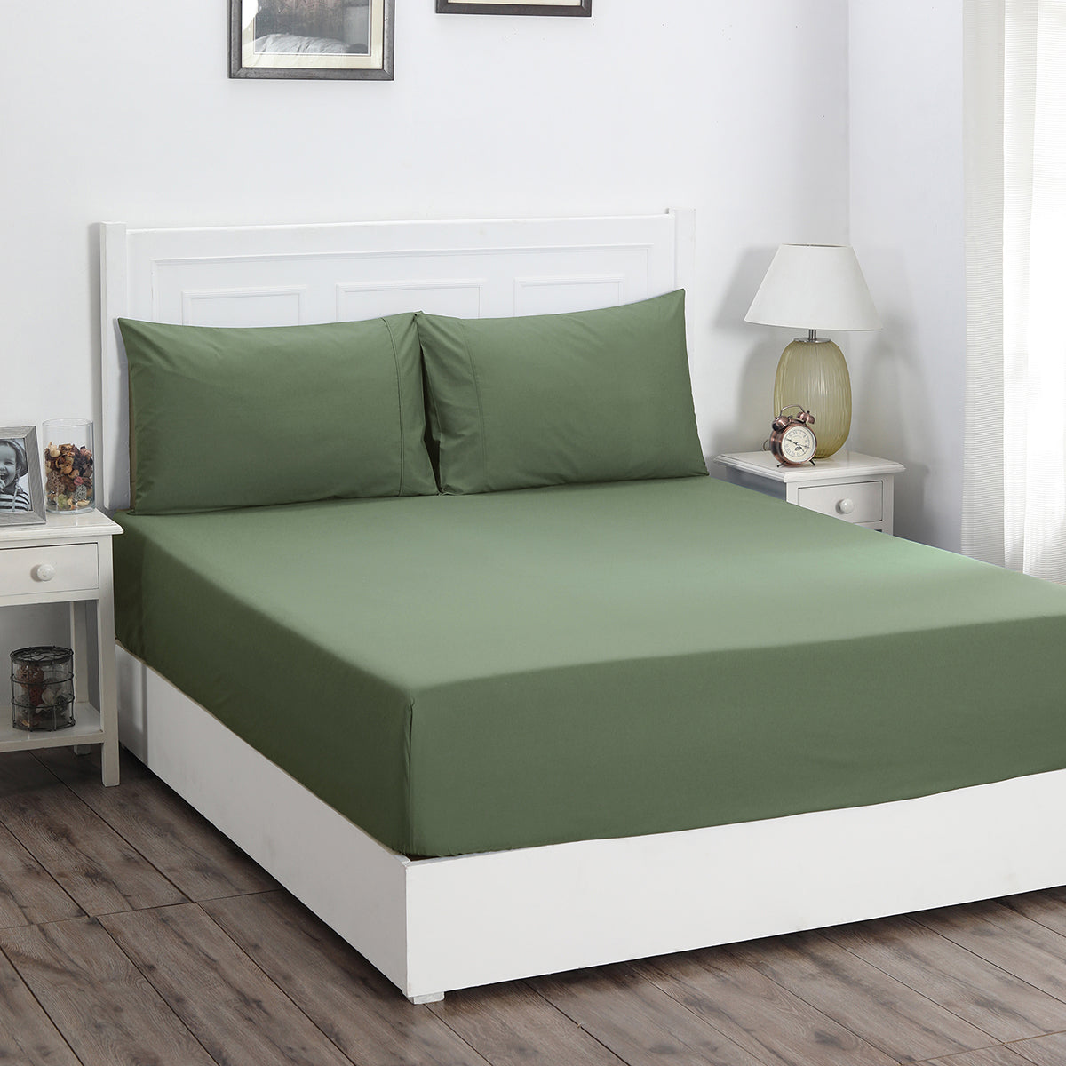 Slumber Plain Easy Care Percale 100% Cotton Green Fitted Sheet with Pillow Case