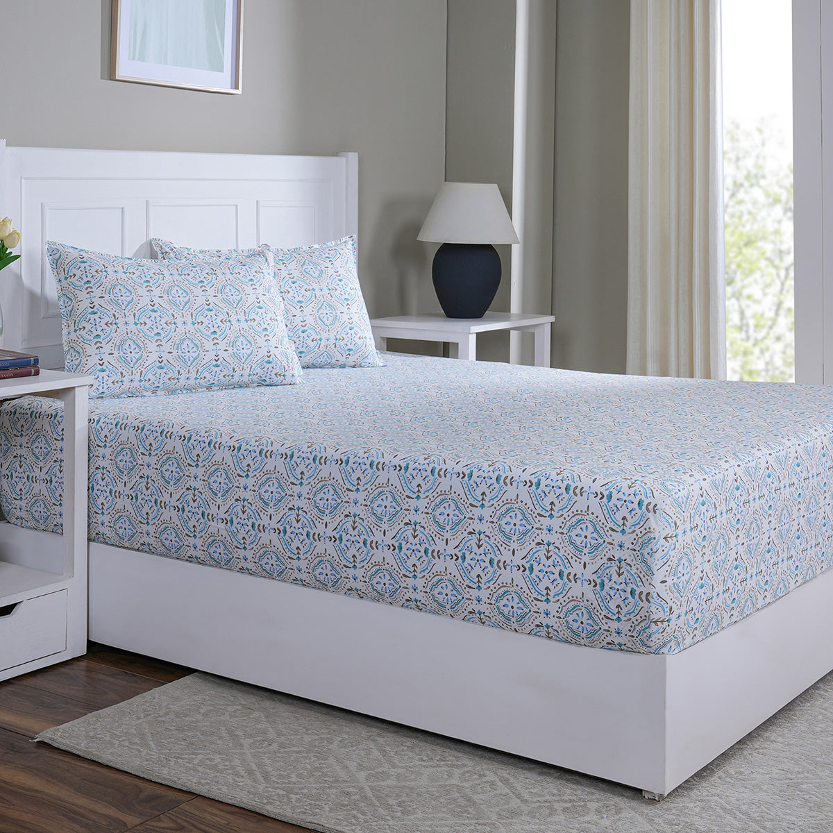 Hermosa Sensory Bloom Gareth 100% Cotton Printed Fitted Sheet with Pillow Case Blue