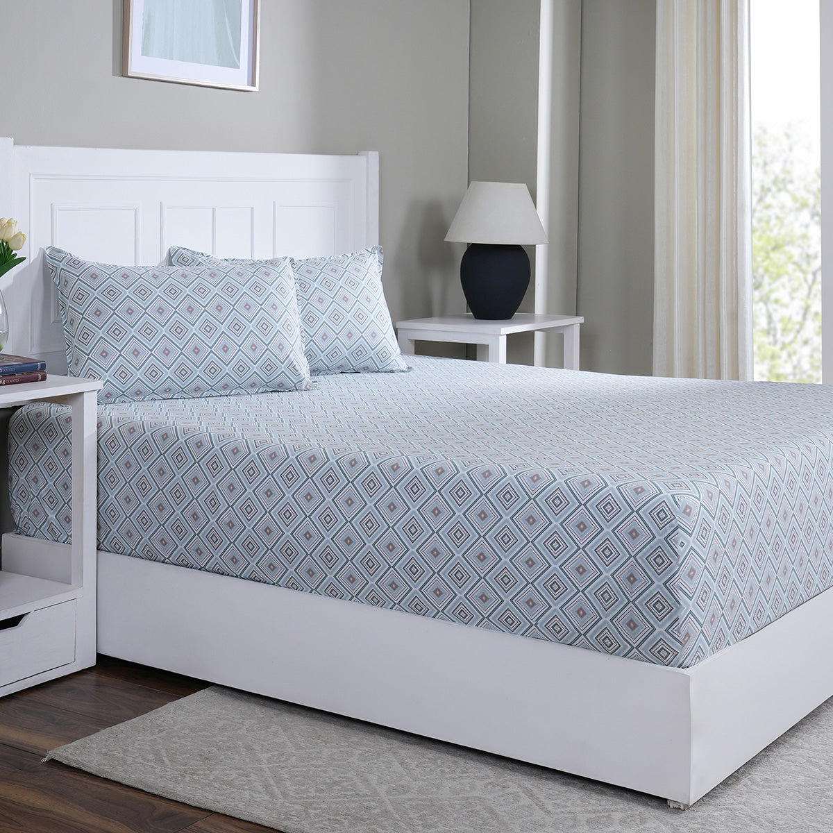 Hermosa Sensory Bloom Avery 100% Cotton Printed Fitted Sheet with Pillow Case Blue